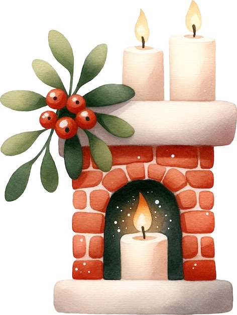 Cute whimsical fireplace mistletoe decorated watercolor isolated on white