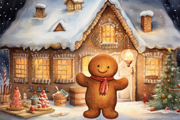 Photo cute whimsical gouache ginger bread man children's book illustrations watercolor christmascore