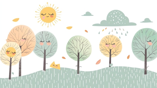 A cute and whimsical illustration of a forest with happy trees a smiling sun and a fluffy cloud