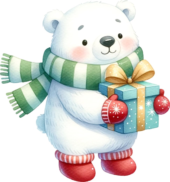 Cute whimsical polar bear gift box in hands watercolor isolated on white