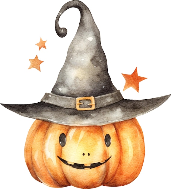 Cute whimsical pumpkin in witch hat watercolor isolated on white