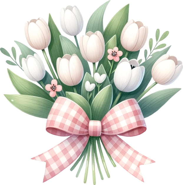 Cute whimsical tulips bouquet bow watercolor isolated on white