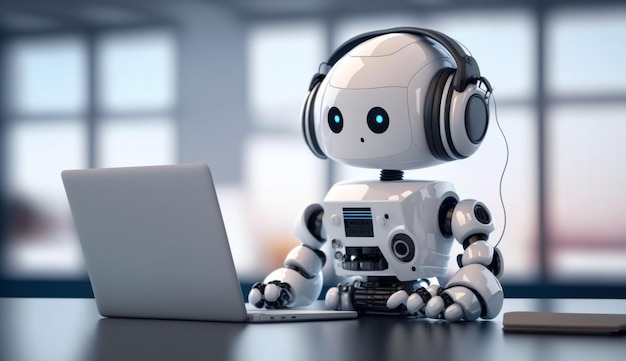 Cute white ai robot with a laptop in an officeA robot with headphones sits at a desk with a laptop