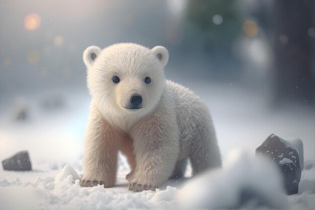 Милый белый медвежонок играет в зимнем снегу, генерирующий искусственный интеллект