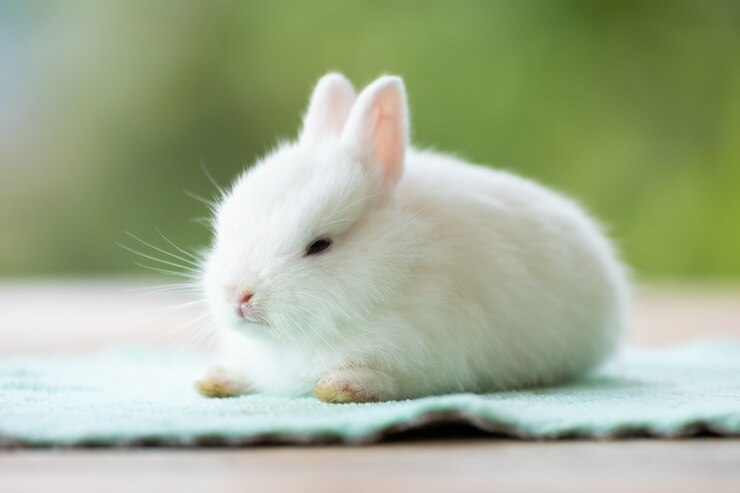 Photo 布の上に座っているかわいい白い赤ちゃんウサギ。かわいいイースターバニーとの友情。