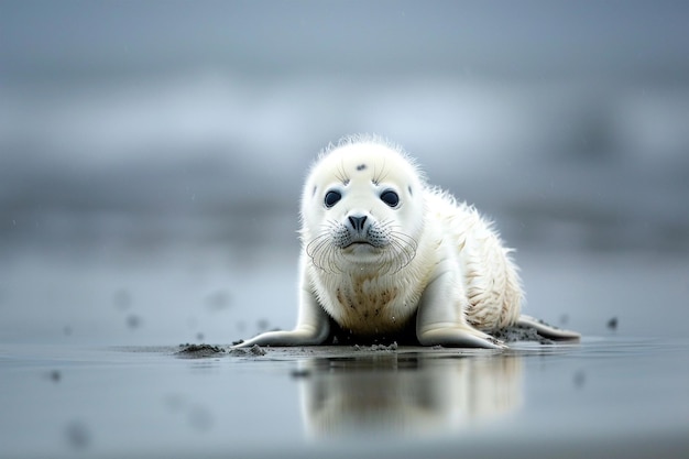 Cute white baby seal on sand beach copy space