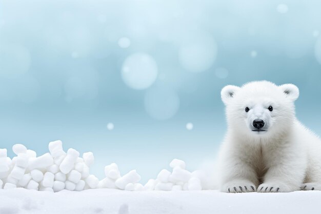 cute white bear on blurred soft blue and white color background for cute and relax design