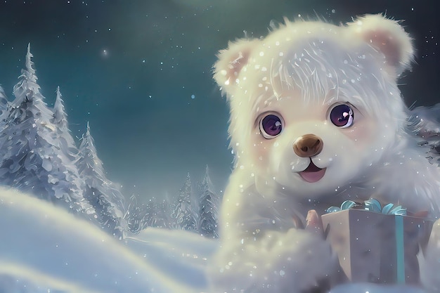 Cute white bear in winter forest Adorable little bear in Christmas style Christmas holidays background digital art style illustration painting