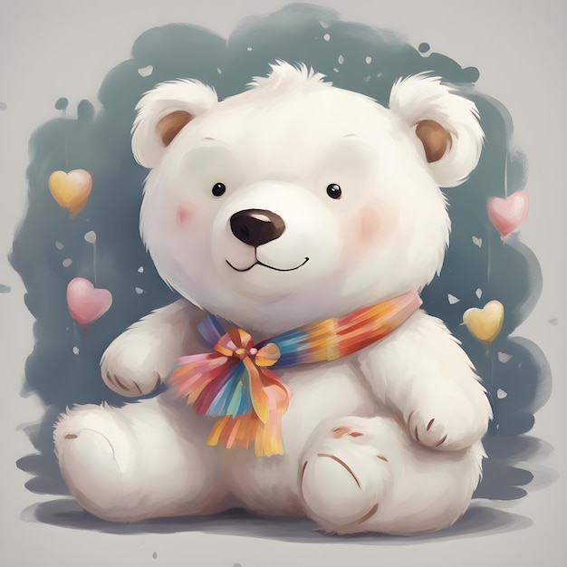 Cute white bear with a bow and hearts