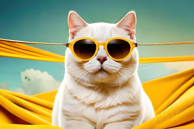 사진 노란색 배경에 격리된 노란색 패브릭 해먹에 선글라스를 끼고 있는 귀여운 흰색 영국 고양이