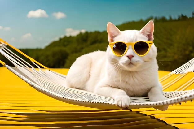 Cute white british cat wearing sunglasses on yellow fabric hammock isolated on yellow background