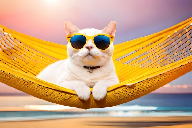 Cute white british cat wearing sunglasses on yellow fabric hammock isolated on yellow background