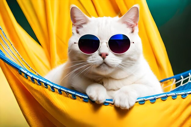 Photo cute white british cat wearing sunglasses on yellow fabric hammock isolated on yellow background