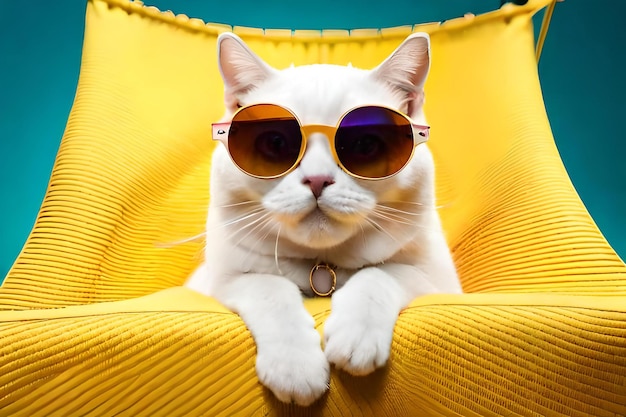 Cute white british cat wearing sunglasses on yellow fabric hammock isolated on yellow background