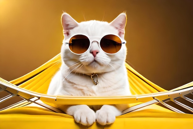 Симпатичный белый британский кот в солнечных очках на желтом тканевом гамаке на желтом фоне