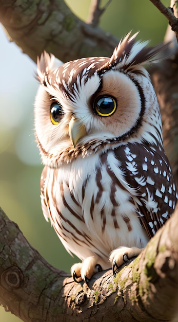 A cute white and brown owl is on the tree