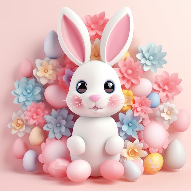 Cute white bunny eggs and flowers isolated on pink background 3d Happy Easter concept or banner