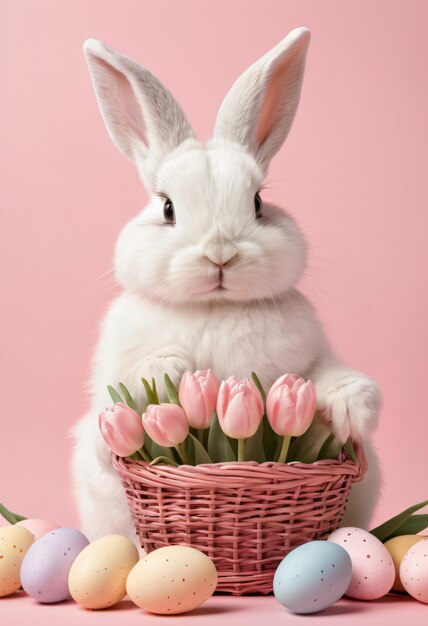 A cute white bunny holds a wicker basket with tulips and painted Easter eggs on soft pink background