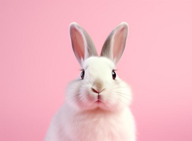 Cute white bunny isolated on a pink background