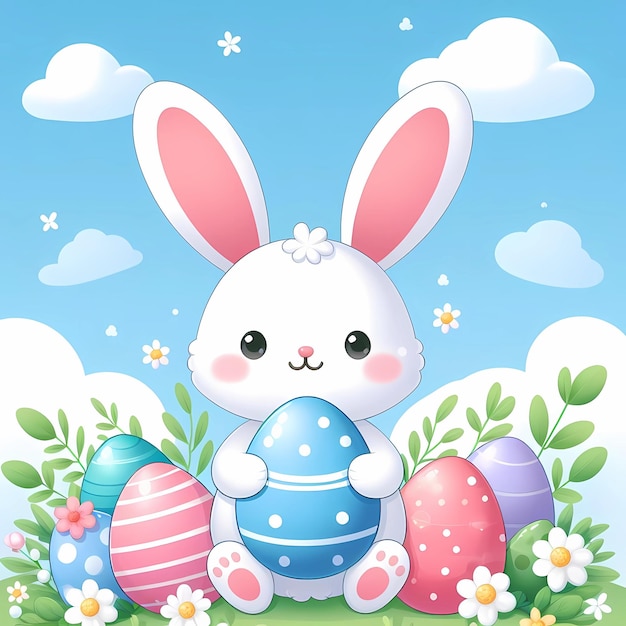 A cute white bunny with large pink ears holding a blue easter egg