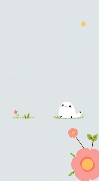 Photo cute white cartoon character with big eyes and a tail sitting on a green grass and smiling