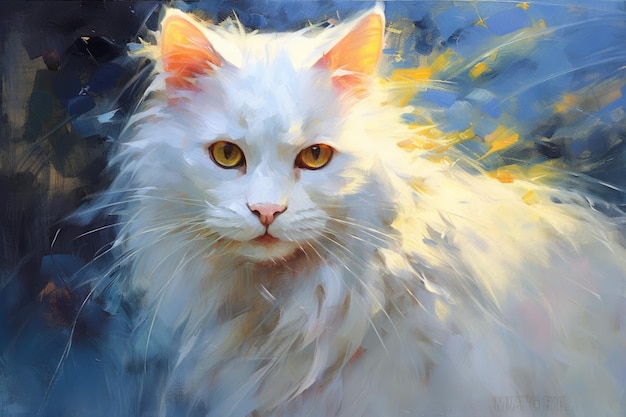 Cute white cat on a blue background pet wall art porter in style of abstract impressionism