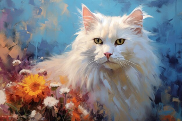 Cute white cat on a blue background pet wall art porter in style of abstract impressionism