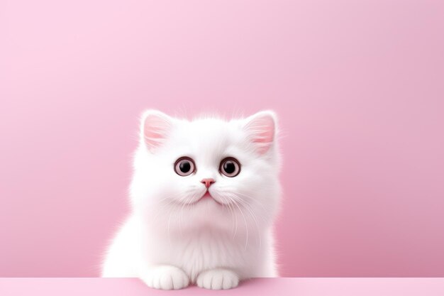 Cute white cat curiously peeking over pink background