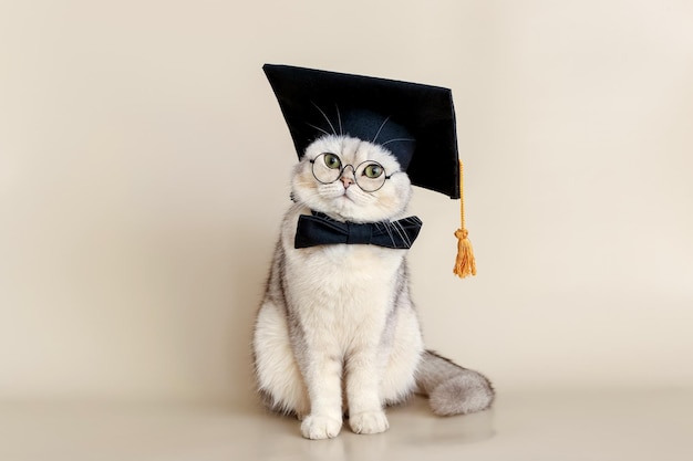 A cute white cat in a graduates hat and glasses sitting on a beige background