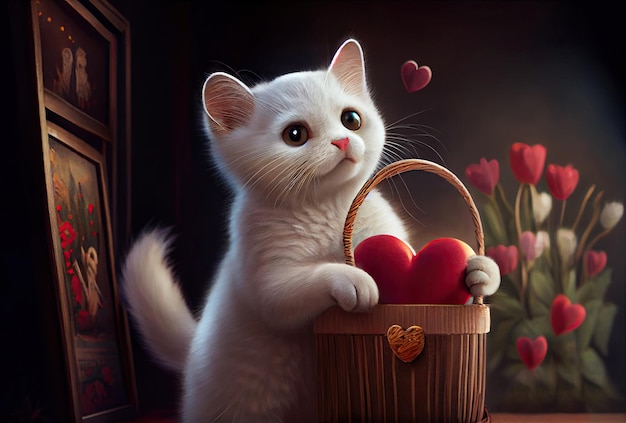 꽃 배경에 있는 고리버들 바구니에 발렌타인 하트를 들고 있는 귀여운 흰 고양이