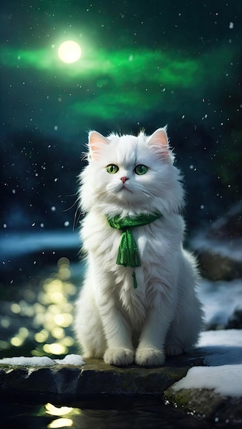 A cute white cat is sitting on the edge of a deep river on a winter night