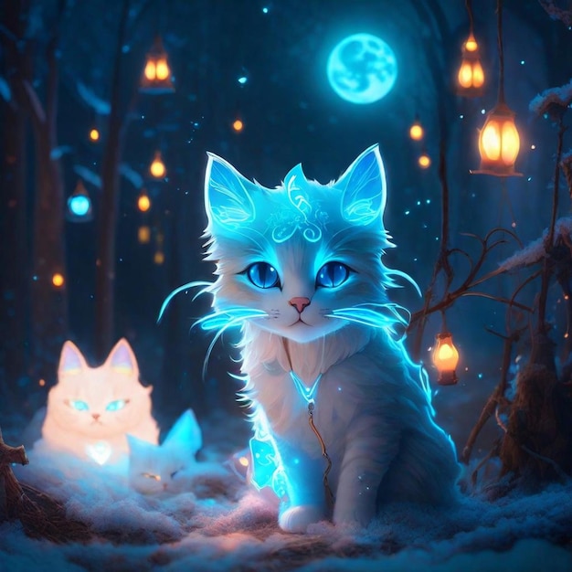 Photo a cute white cat in night glowing like moon