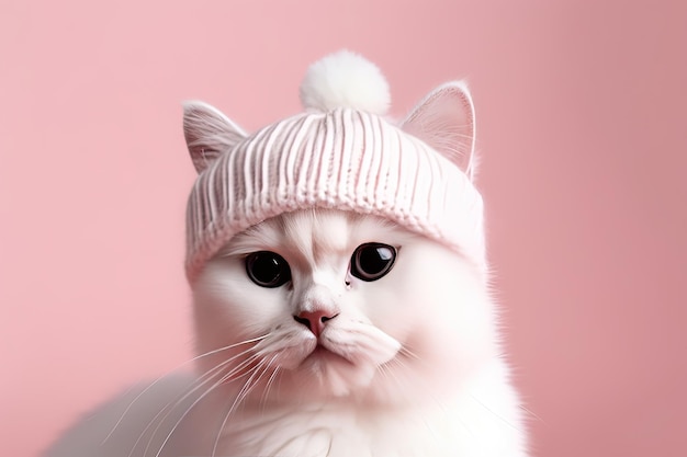 Cute white cat in a pink hat on a pink background fashion for cats