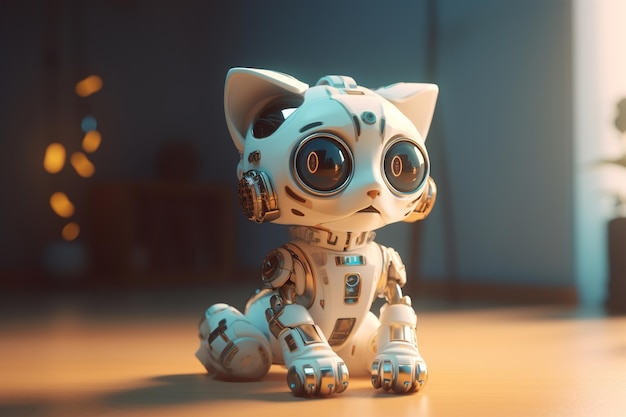 Cute white cat robot robotic pet Funny electronic kitten toy sitting indoors Generative AI