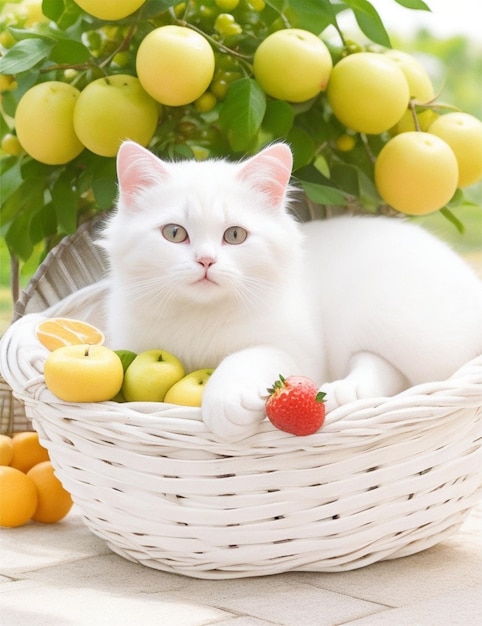 cute white cat sitting in basket