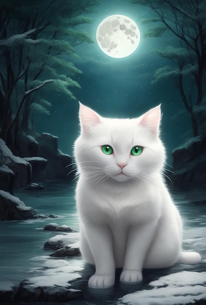 A cute white cat with green eyes winters a full moon a deep river and a mysterious image
