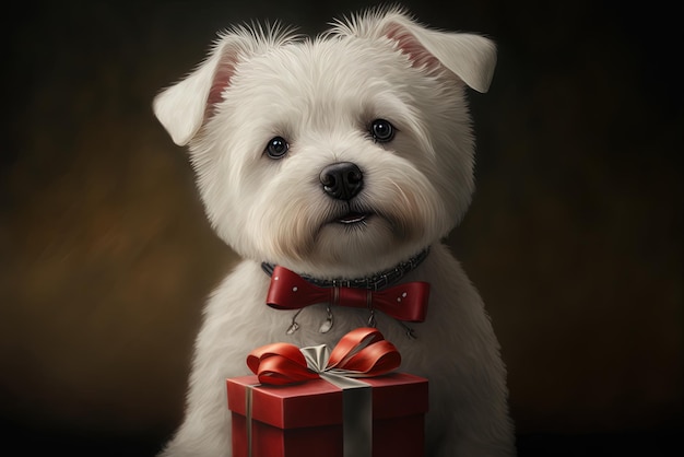 a cute white dog bearing a present