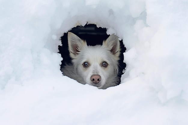 Cute white dog in a hole in the snow looking out of the hole