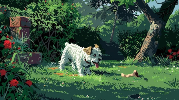 a cute white dog is playing with a ball in the garden the dog is having a great time playing fetch in the backyard on a sunny day
