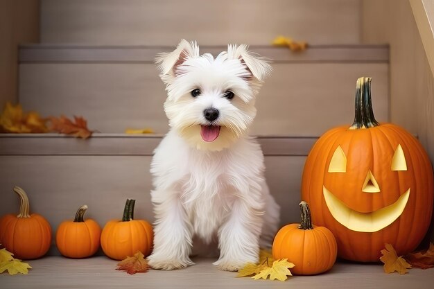 Милая белая собака сидит на лестнице возле тыквы и приветствует Хэллоуин.