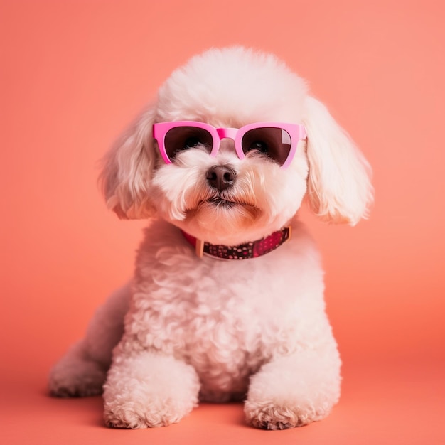 Cute white dog with pink glasses on a pink background