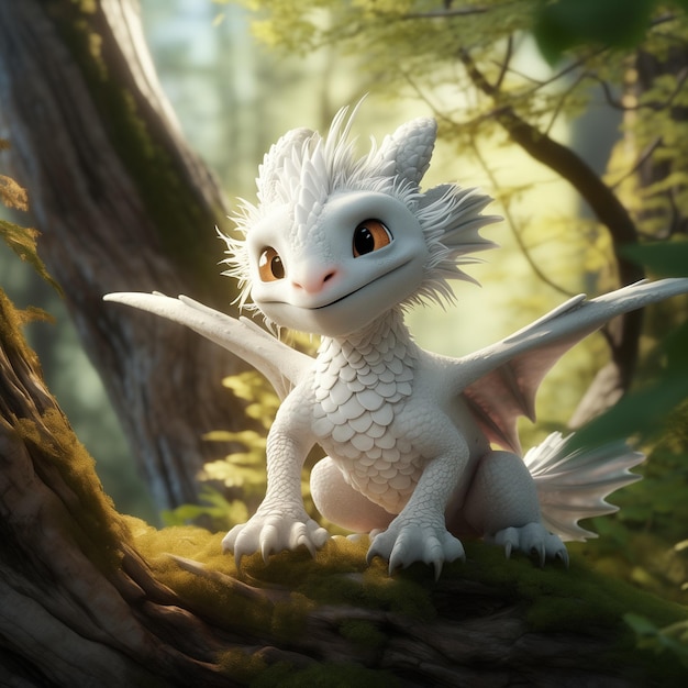 милый белый дракон в лесу, созданном с помощью генеративного ИИ