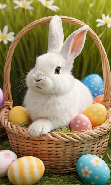 Cute white Easter bunny sits in wicker basket with painted Easter eggs on a lawn with spring flowers