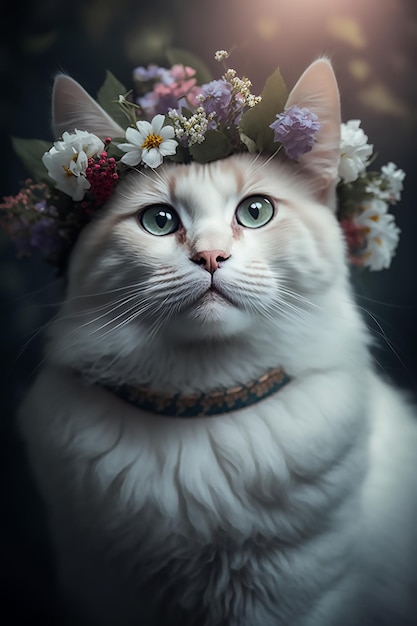 Cute white fluffy cat in a white flower wreath on his head on black background