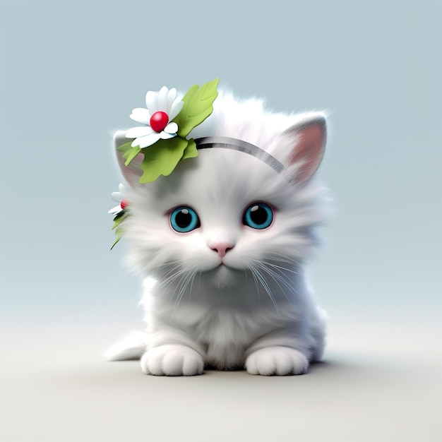 a cute white fluffy kitten with flowers on its head