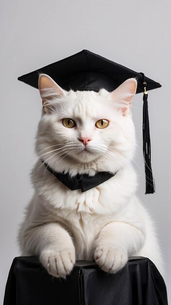 Photo cute white fur cat wearing graduation cap and graduation suit