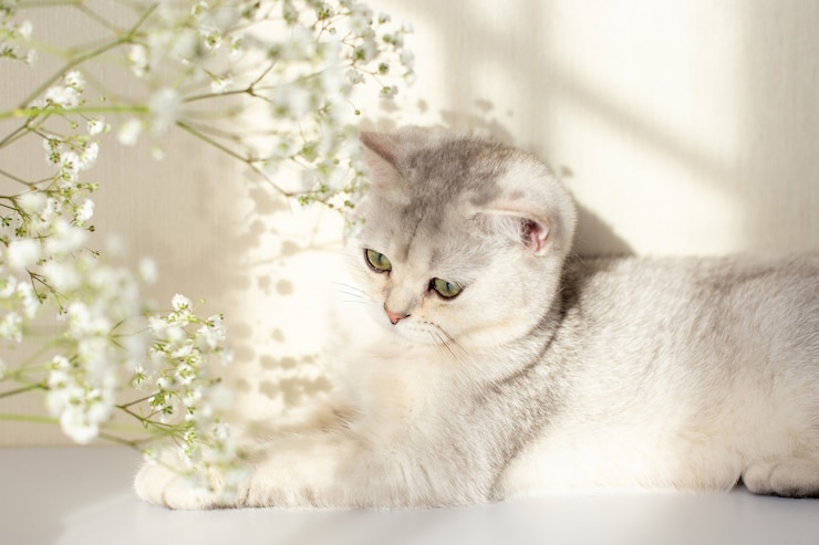 Photo かわいい白と灰色の英国猫の緑の目は、カスミソウの花の付いた白いテーブルの上にあります