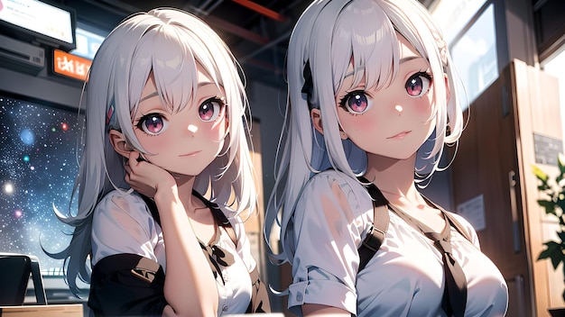 Cute white haired girl in the office anime art