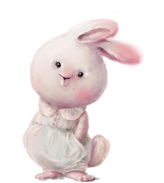 Cute white hare girl character with pink flower