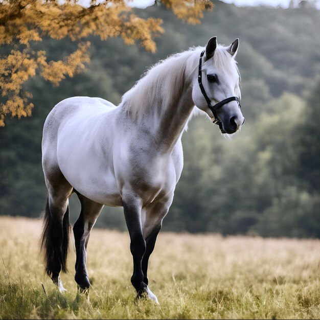 a cute white horse standing on top of a grass covered field